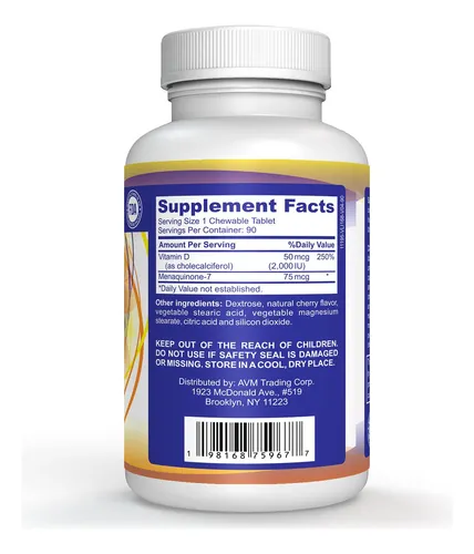 Vitamina D3 Y K2 En Tabletas Masticables De Cereza Natural P Sabor