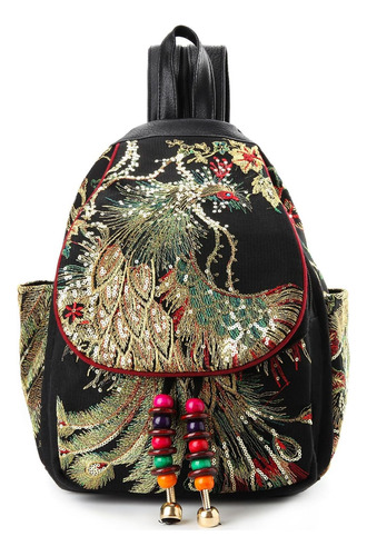 Vintage Phoenix Lentejuelas Bordado Mujeres Mochila Day...