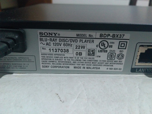 Reproductor Sony Blu Ray Dvd Bdp Bx37 Con Ctrl Rem Funciona Negro (Usado)