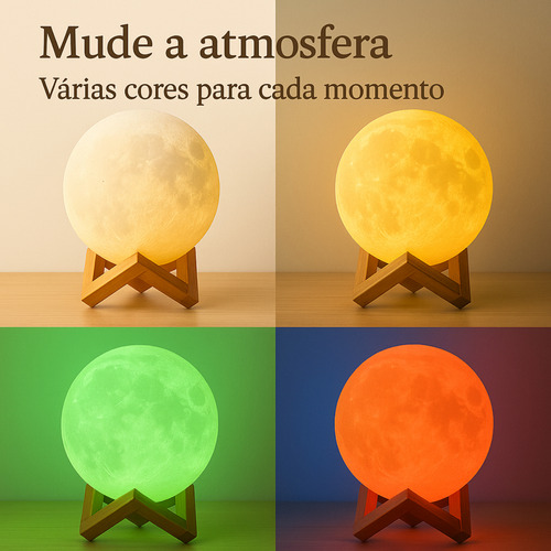 Luminária Lua Cheia 3d Rgb Led Controle Touch Usb Marrom Branco