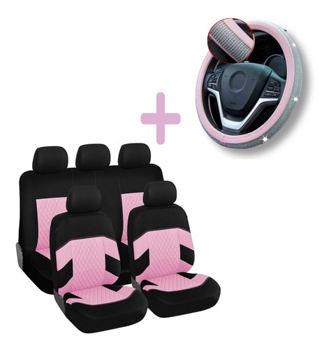 Set Funda Cubre Asiento Auto Rosa + Cubre Volante Rosa Piedr