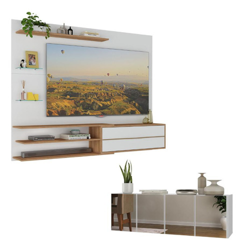 Painel com Suporte para TV até 65 Polegadas com Aparador 4 Portas com Espelho Multimóveis MP1089 Cor Rustic/branco