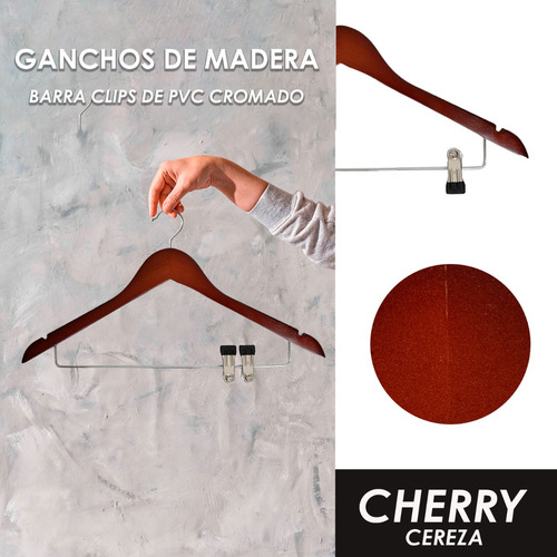 Pack 10 Ganchos De Madera Barra Clips De Pvc Cromado Cereza
