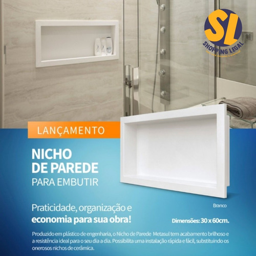 Imagem 2 de 6 de Nicho Para Banheiro Parede Embutir 30x60cm Branco