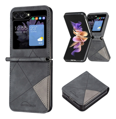 Funda De Piel Prismática Negra Para Galaxy Z Flip5 Para Sams