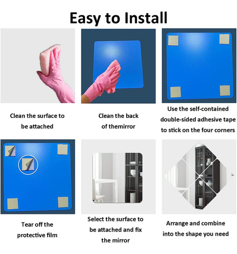 AmasSmile Paquete 6 espejos pared longitud completa, Hogar Decorativos Inastillable espejo acrílicos 25cm, láminas de espejo plástico flexible inastillables para dormitorio, hogar, puerta de gimnasio