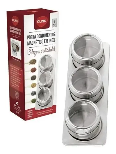 Porta Tempero Inox Magnético Jogo Com 3 Potes