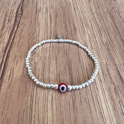 Imagen 5 de 9 de Pulsera Bolitas De Plata 925 Y Ojo Turco Amuleto Agálea
