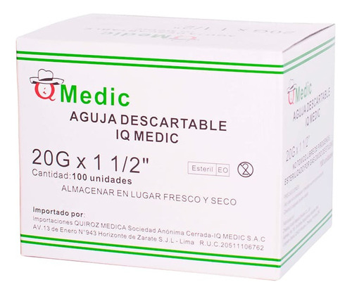 Aguja Descartable Iq Medic 20 G X 1 1/2  Caja X100 Und