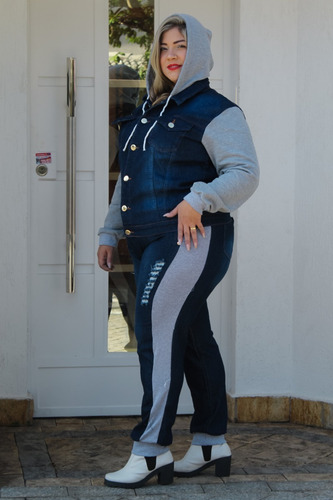 Imagem 2 de 7 de Conjunto Calça Jeans E Jaqueta Com Moletom E Capuz Plus Size