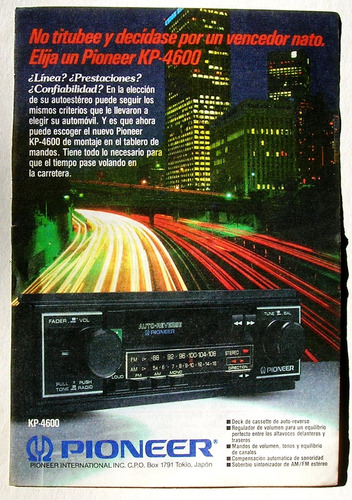 Publicidad Antigua Mexicana De Autoestereo Pioneer, De 1985