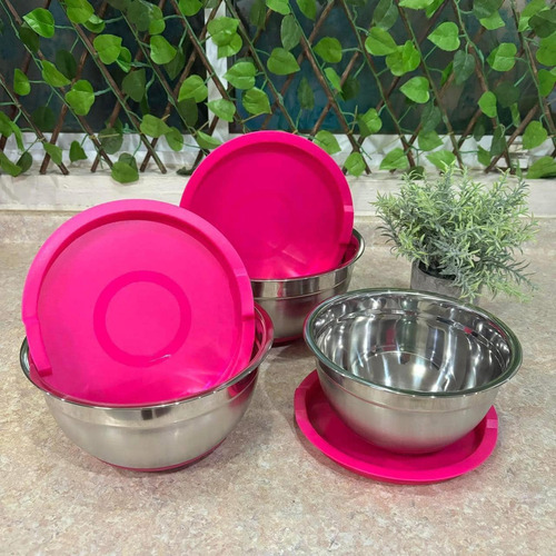 Set Tres Bowls Inox Pink Con Tapa Betterware