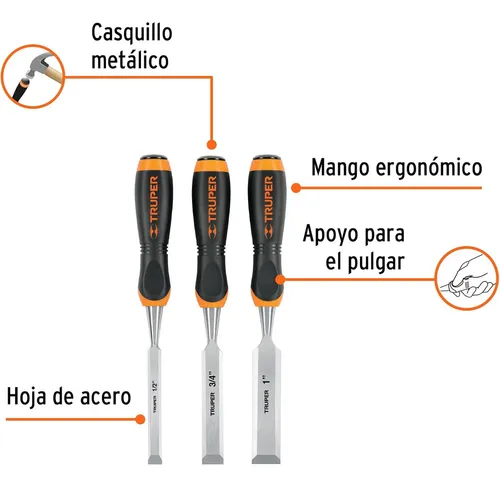 Juego De 3 Formones Mango Comfort Grip Truper 17759