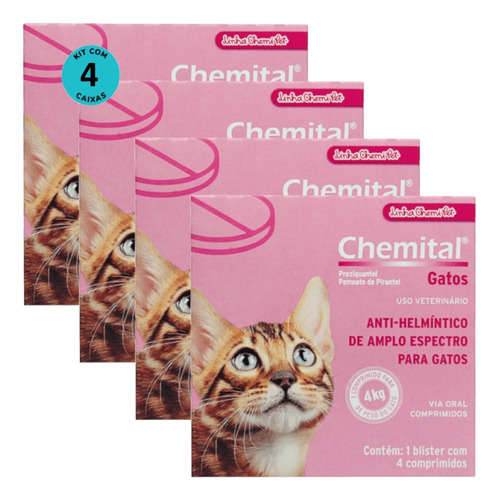 Vermífugo Chemital Chemitec Para Gatos C/ 4 Comp Kit 4 Cxs