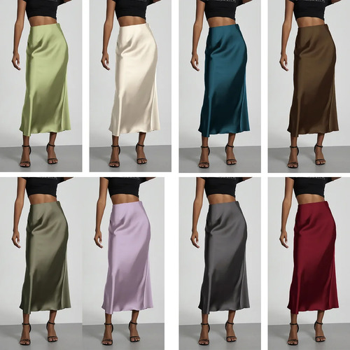 Elegante Falda Midi De Satén Para Mujer, Estilo De Viaje De