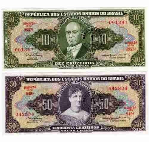 2 Billetes De Brasil Resellados Año 1966 Sin Circular