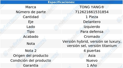 Moldura Defensa Del Izq Crom Ford Fusion 19-20 Tong Yang