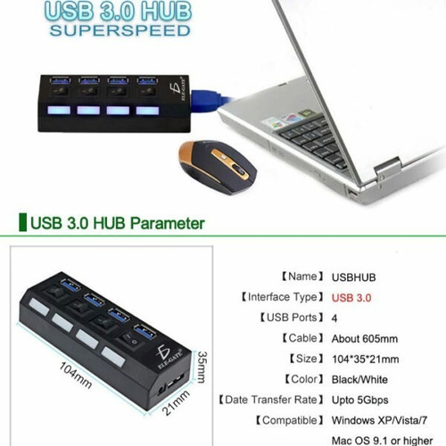 Hub Usb 3.0 4 Puertos Con Switch Led Laptop Pc