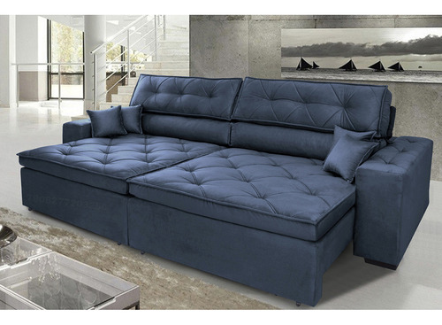 Sofá Austin 2,02m Retrátil, Reclinável com Molas no Assento e Almofadas, Suede Azul Cama inBox