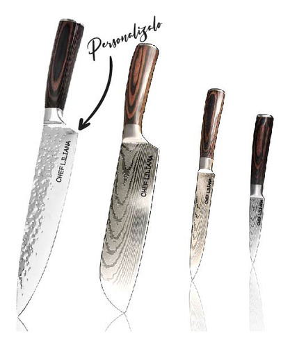 Set Cuchillos X4 Acero Damasco Personalizado Chef 