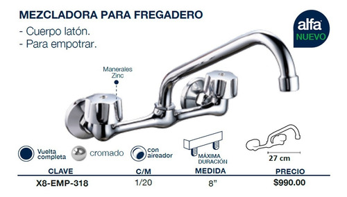 Imagen 5 de 6 de Mezcladora Fregadero O Tarja De Cocina Para Empotrar Pared