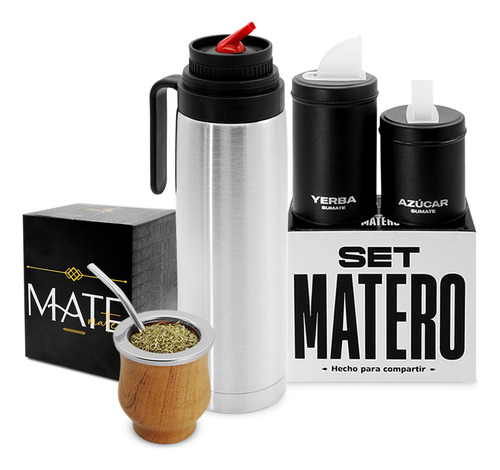 Set Equipo Matero Termo Mate Algarrobo Latas Sumate Bombilla Plateado | Madera