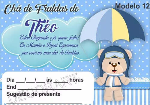 Convite Chá Bebê/ Fraldas - Modelo Bebê no berço - Cha de Bebê/ Fraldas