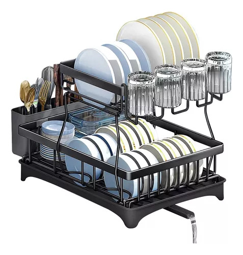 Escurridor de Platos de 2 Niveles con Bandeja Drenaje 360°, Escurreplatos de Acero Inoxidable para Cocina, Organizador Moderno para Platos, Tazas, Cubiertos y Vajilla, Soporte Compacto y Funcional