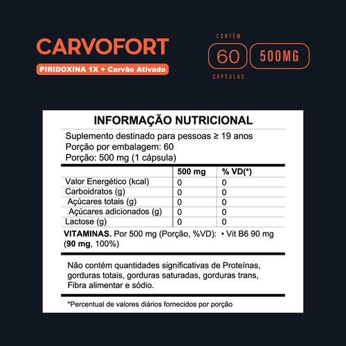 Kit 3 Carvofort com Piridoxina e Carvão Vegetal Ativado 60 cápsulas Fortlife sem sabor