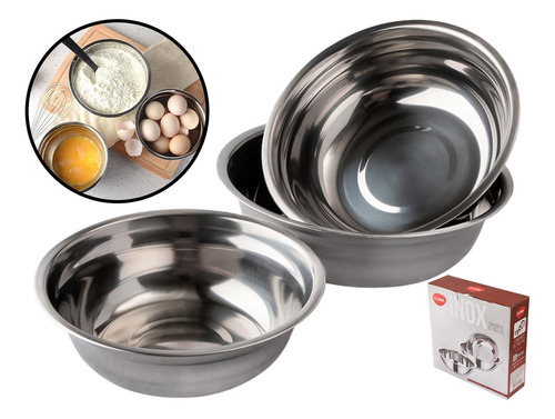 Kit Tigelas Bowl Inox 3 Unidades P/ Massas Saladas Multiuso
