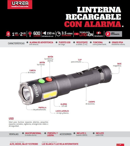 Linterna Recargable 600lm Con Alarma Carga Usb Urrea Lru6a