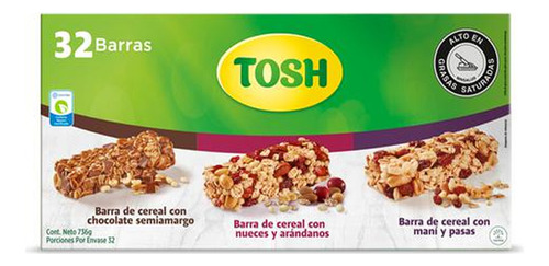 32 Barras De Cereal Tosh Surtidas X 23g 3 Sabores