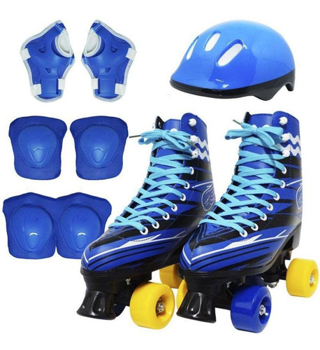 Patins 4 Rodas Roller Infantil Kit Proteção 36/37 Azul