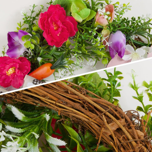 Corona Decorativa Pascua For Puerta Con Conejo Flores Hojas