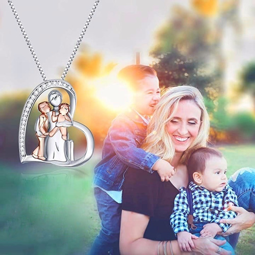 Imagen 5 de 6 de Collar Plata 925 Mama Y Dos Hijos Baño Oro Rosa Regalo Madre