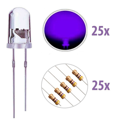 Imagem 1 de 5 de Kit 25 Un Led 5mm Alto Brilho Ultravioleta Uv + Resistor 12v