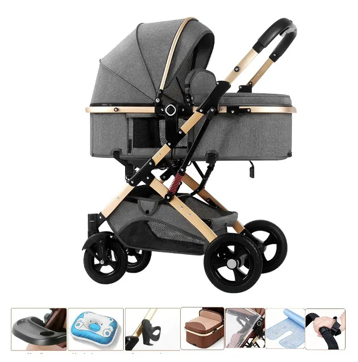 Carriola De Lujo Para Bebé, 3 En 1, Moisés + Asiento Reclinable, 360° Ruedas Reversible Giratorias , Plegable, Con Suspensión, , Capota Grande, Con Amortiguación Alto Paisaje Gris