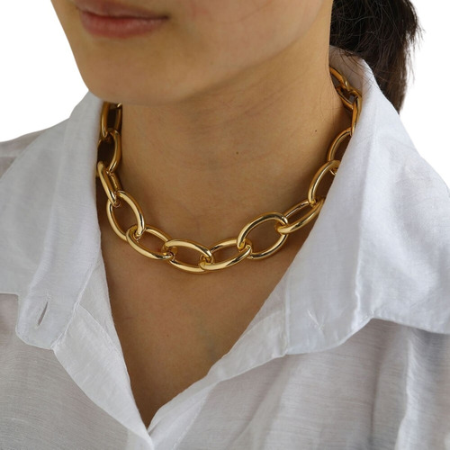 Collar De Cadena Gruesa Geométrica Eslabones Gargantilla Oro
