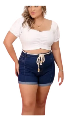 Short Jeans Plus Size Feminino Bermuda Cintura Alta Cadarço