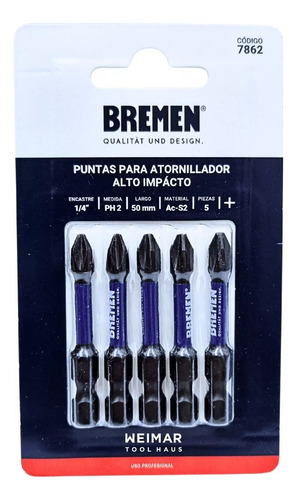 Set Puntas Atornillador Impacto Bremen Ph2 X 50mm 5u 7862