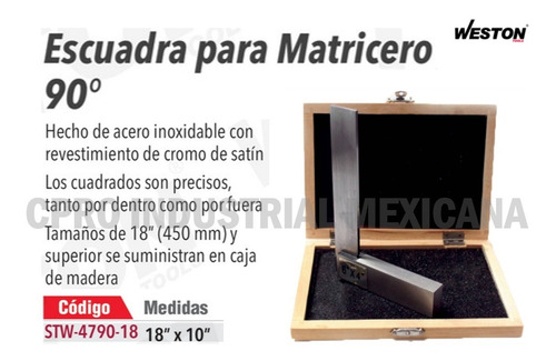 Escuadra Para Matricero 90° Acero Inoxidable 18´´ X 10´´