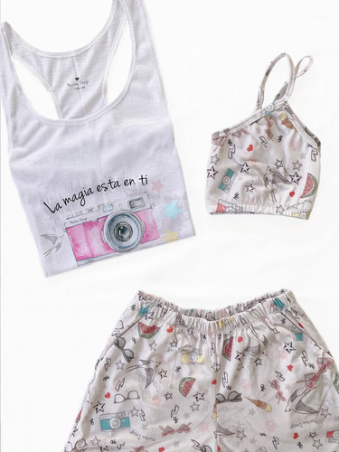 Imagen 2 de 5 de Pijama Tres Piezas Mujer Verano Short Musculosa Y Top.