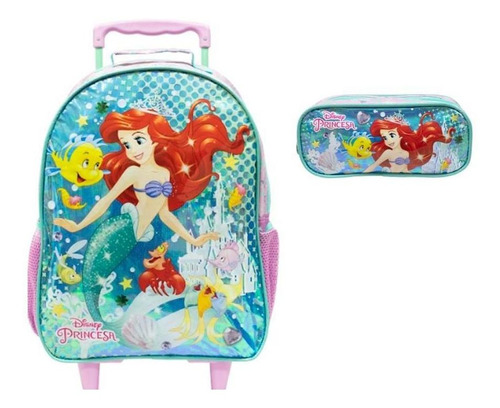 Kit Escolar Princesa Ariel Mochila De Rodas + Estojo Duplo