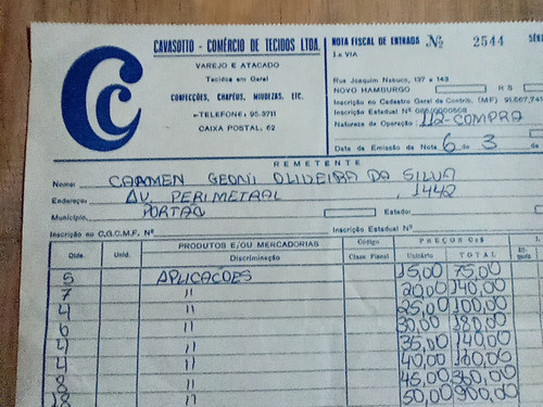 Nota Fiscal Antiga Rara Casa Cavasotto Novo Hamburgo Rs (Usado)