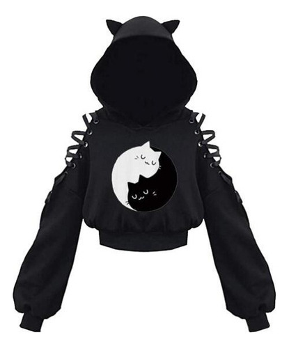 Sudadera Gótica Corta Sin Tirantes Con Orejas De Gato, Lindo