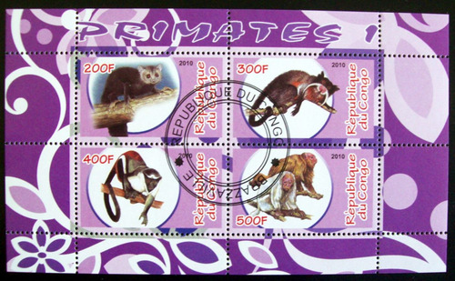 Congo Fauna, Bloque 4 Sellos Primates 1 2010 Usado L6672