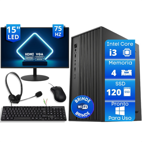 Pc Completo Intel I3 4gb Ssd 120gb Monitor 15 E Fone Headset
