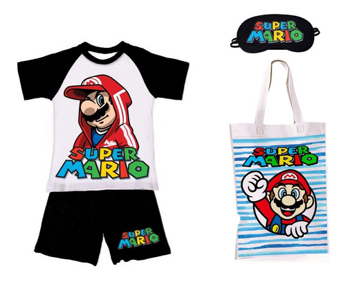 Super Mario  Pijama+antifaz+bolsa Guardapijama