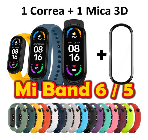 Combo Correa Pulsera Silicon Xiaomi Mi Band 6 / 5 + Mica 3d