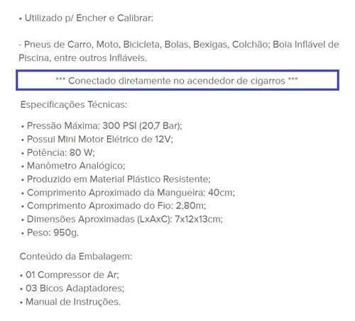 Kit Compressor Ar Bomba Calibrar Pneus Roda Aro Libras Bar